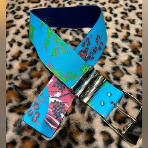New Versace-H&M Collab Floral Blue Leather Belt with Gold Buckle, Made in Italy